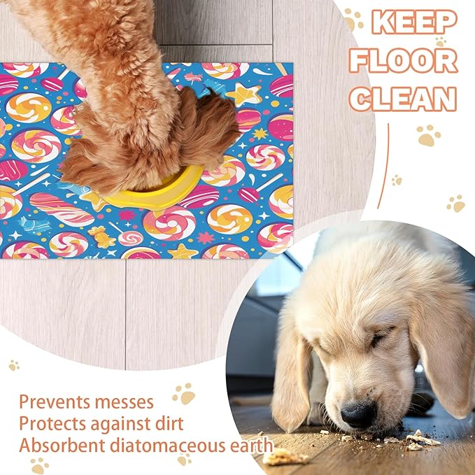 Colorful Candy Dog Food Mat for Floors Absorbent Dog Bowl Mat for Food and Water Dispenser Quick Dry Cat Food Placemat Pet Supplies 12" x 20", Rainbow Lollipop
