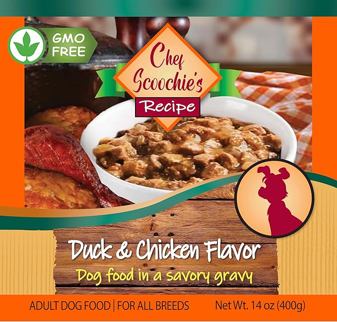 Scoochie Pet Products Chef Scoochie's Duck & Chicken Dog Food in Rich Gravy Natural Wet Food - Easy Open Pop-Top Cans for Grown Dogs - Complete Meal or Food Topper 12 Cans (14 oz e.)