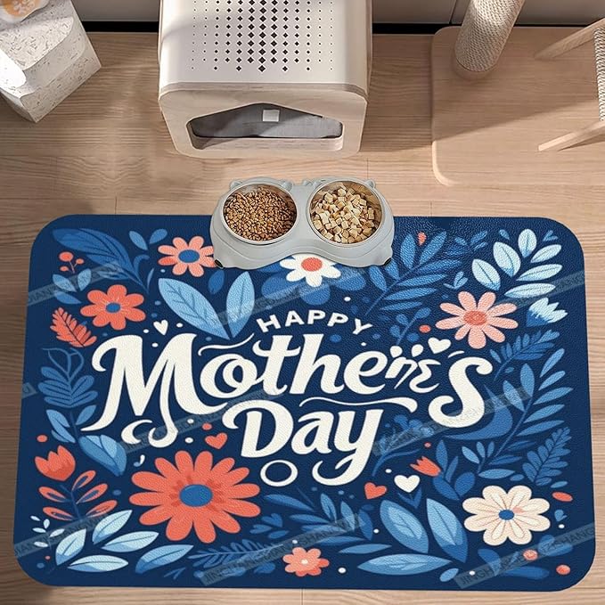 Pet Feeding Mat Absorbent Dog Mat for Food Water Bowl No Stains Quick Dry Water Dispenser Mats Happy Mother's Day Floral Gift Mom Navy Dog Accessories Pet Supplies Bowl for Messy Drinkers 18X12In