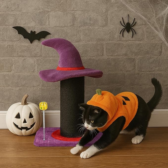 Wizard Hat Cat Scratching Post with Spring Ball Toy for Indoor Cats, Halloween Spooky Cat Scratcher, Purple(40 * 30 * 60cm)
