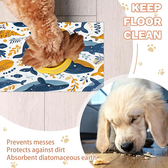 Dolphin Dog Food Mat for Floors Absorbent Dog Bowl Mat for Food and Water Dispenser Quick Dry Cat Food Placemat Pet Supplies 12" x 20", Ocean Animal