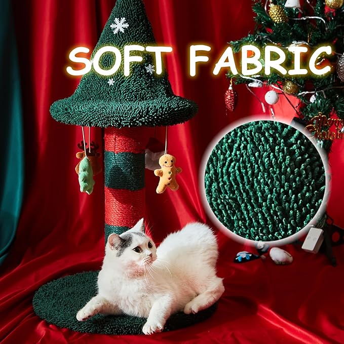 LUCKITTY Cat Scratching Post with 4 Hanging Plush Toy - Christmas Tree Alternative Give Your Cat a Toy and Scratching Post in One with This Ultimate Tree 30 * 15 Inch Red Green