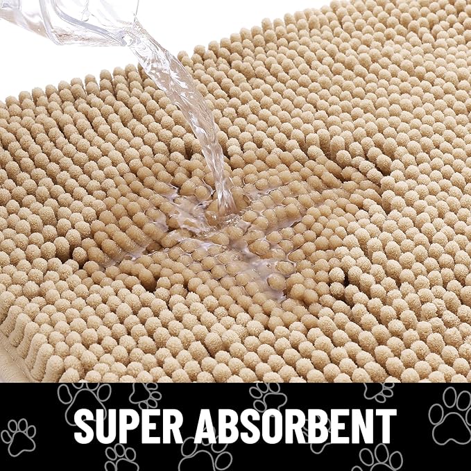 Smiry Dog Door Mat for Muddy Paws, Absorbent Dirt Trapper Non Slip Quick Dry Washable Chenille Mat for Mud Dogs, Entry Rug for Indoor and Outdoor (54x32 Inches, Beige and White)