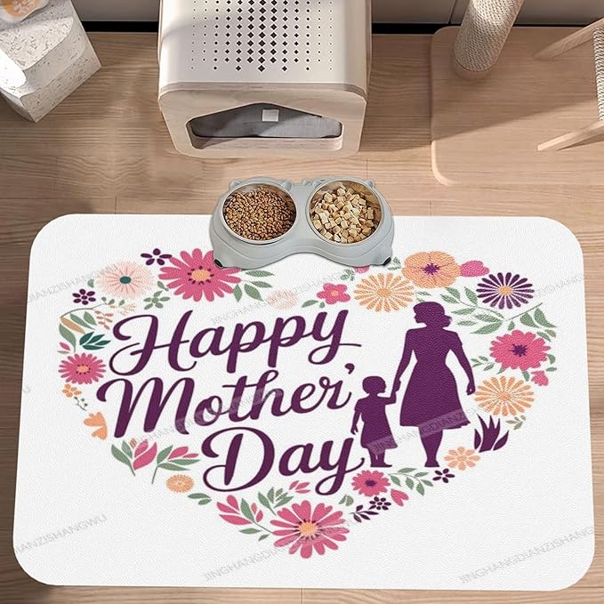 Dog Food Mats for Floors Happy Mother's Day Floral Gift for Mom Gr Absorbent Pet Cat Food Mat Quick Dry Dog Bowl Mats Water Pet Supplies 18X12In