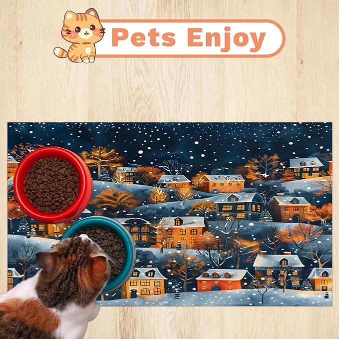 Village House Dog Food Mat for Floors Absorbent, Quick Dry Water Dispenser Mat for Food, Water, Pet Supplies 16" x 24", Winter Forest