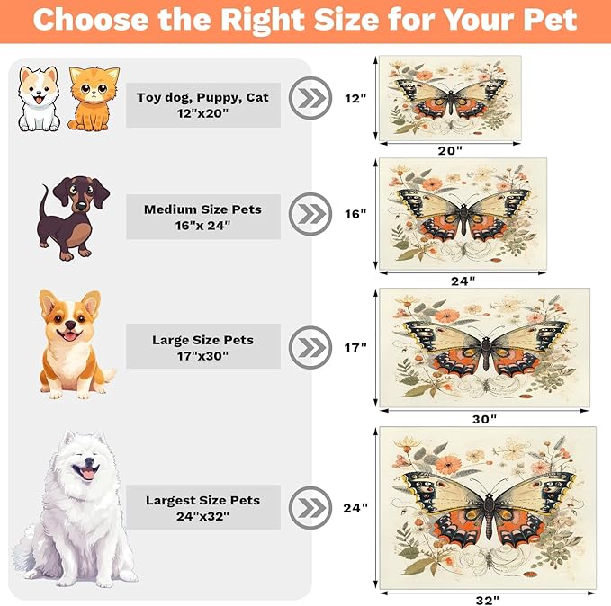 Boho Butterfly Dog Food Mat for Floors Absorbent, Quick Dry Water Dispenser Mat for Food, Water, Pet Supplies 12" x 20", Watercolor Floral