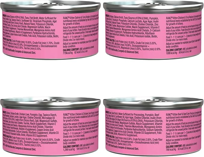 Rawz Natural Premium Kitten Pate Canned Cat Wet Food -12 Pack Cans Variety Flavor Pack -4 Flavors - (Salmon, Chicken, Tuna, Beef) Pets Can Lid - (2.8 oz Cans)