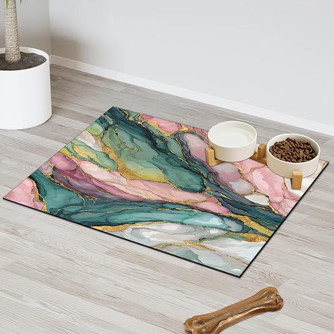 Green Pink Marble Dog Food Mat for Floors Absorbent, Quick Dry Water Dispenser Mat for Food, Water, Pet Supplies 12" x 20", Abstract