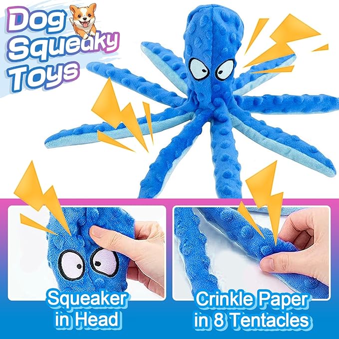 Alphatool Squeaky Dog Toys - 2pcs No Stuffing Octopus Soft Plush Crinkle Toys to Keep Them Busy, Interactive Essentials for Small Medium Pets Dogs Gifts, Blue & Purple