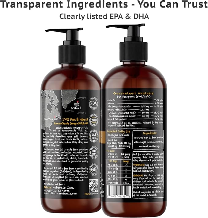Omega-3 Fish Oil for Dogs & Cats – 2-Pack (16 fl oz Each) High-Potency Wild-Caught Fish Oil with 800 mg EPA + 525 mg DHA per Teaspoon, Supports Skin & Coat and Joint Health Supplement