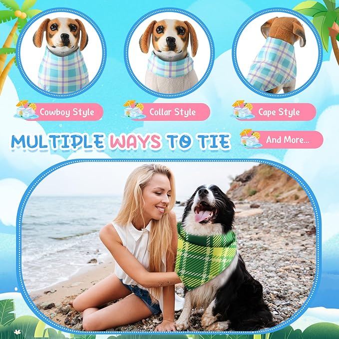 Kacctyen 300 Pcs Summer Plaid Dog Bandanas Bulk Hawaiian Pet Bibs Seasonal Accessories Adjustable Dog Cat Outfit Cute Washable Triangle Scarf for Small to Medium Pet