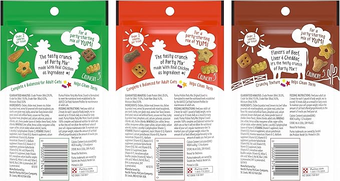 Friskies Purina Party Mix Cat Treats Variety Pack, 1 Pouch Picnic Crunch, 1 Pouch Original Crunch, 1 Pouch Wild West Crunch, 2.1 Ounce Pouches (Pack of 3)