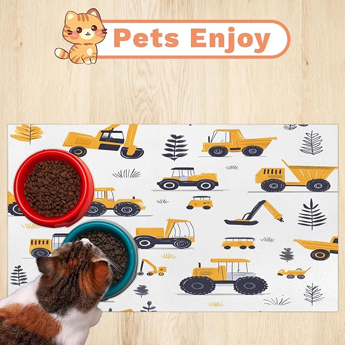 Car Dog Food Mat for Floors Absorbent, Quick Dry Water Dispenser Mat for Food, Water, Pet Supplies 17" x 30", Tractor Cars