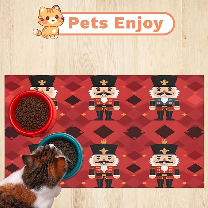 Merry Christmas Dog Food Mat for Floors Absorbent, Quick Dry Water Dispenser Mat for Food, Water, Pet Supplies 17" x 30", Colorful Nutcrackers