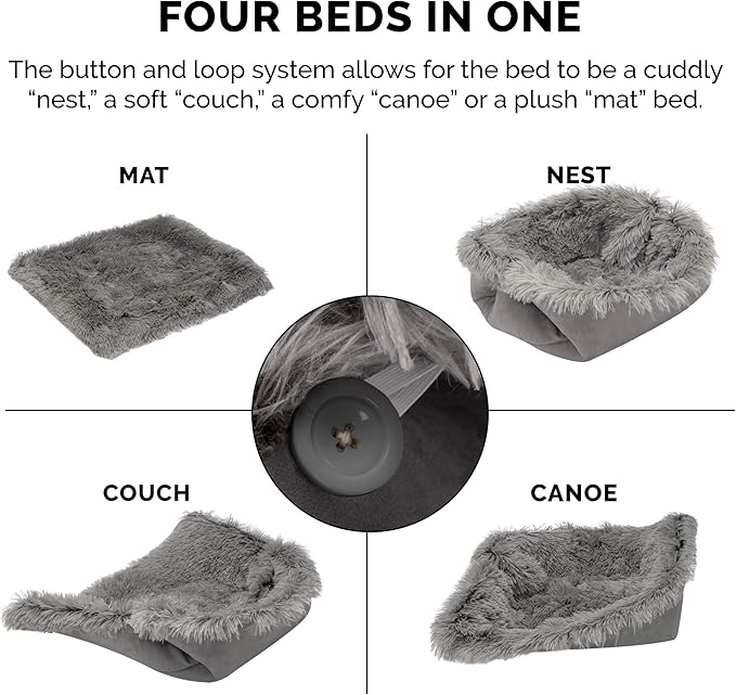 Furhaven Self-Warming Cat Bed for Indoor Cats, 4-Beds-in-1 & Washable - Plush Long Faux Fur Convertible Cuddler - Gray, Small
