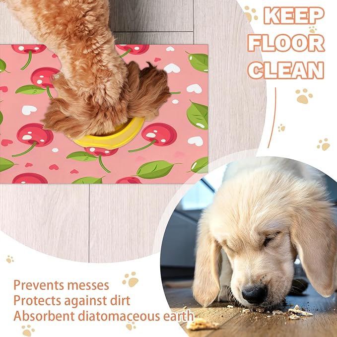 Pink Cherry Dog Food Mat for Floors Absorbent Dog Bowl Mat for Food and Water Dispenser Quick Dry Cat Food Placemat Pet Supplies 17" x 30", Love