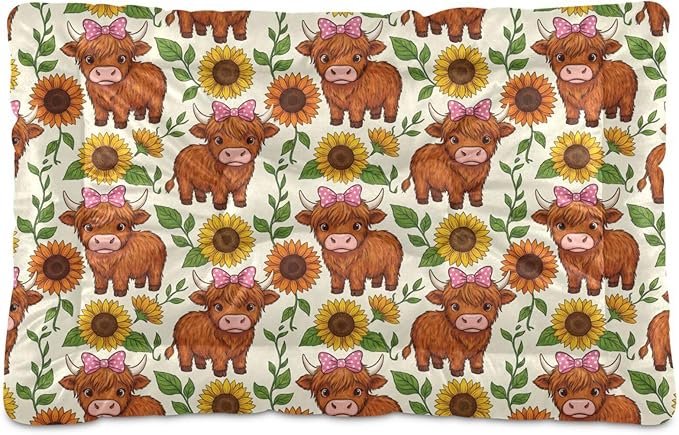 Dog Bed for Crate Washable Pet Sleep Pad, Highland Cow Kennel Mat with Non-Slip Bottom, Soft Fluffy Supplies Pet for Dogs and Cats (24x18 inch)