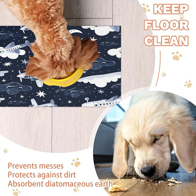 Flying Airplane Dog Food Mat for Floors Absorbent, Quick Dry Water Dispenser Mat for Food, Water, Pet Supplies 16" x 24", Star Clouds