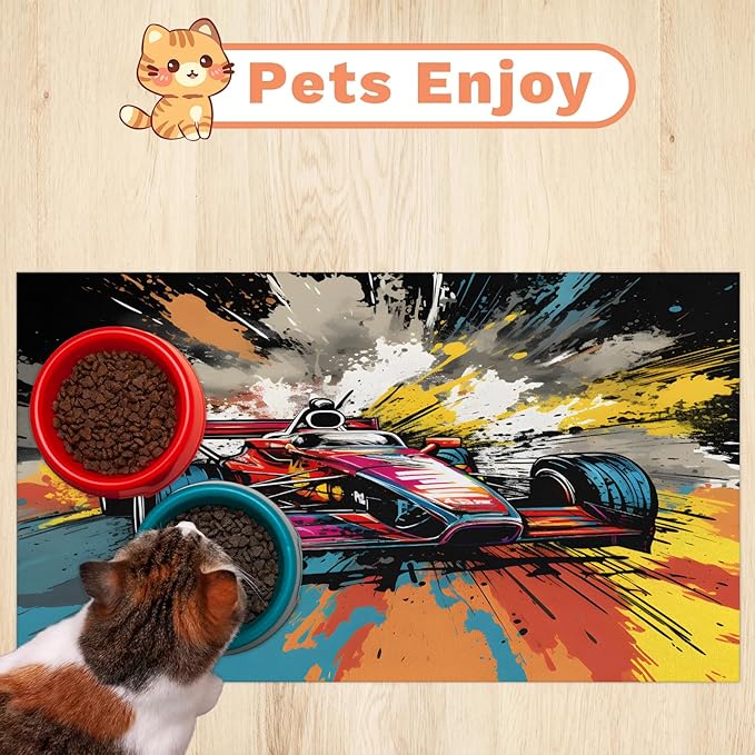 Race Car Dog Food Mat for Floors Absorbent, Quick Dry Water Dispenser Mat for Food, Water, Pet Supplies 17" x 30", Cool Car