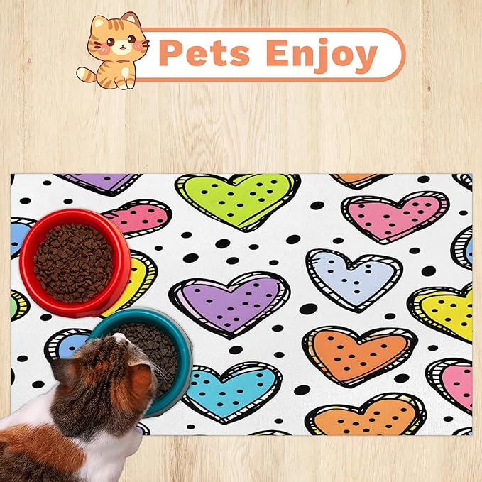 Colorful Heart Dog Food Mat for Floors Absorbent, Quick Dry Water Dispenser Mat for Food, Water, Pet Supplies 17" x 30", Black Polka Dot