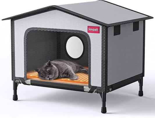 Outdoor Heated cat House with Heating pad and Escape Door,Waterproof and Warm Stray cat House,Suitable for Indoor,Outdoor,Winter,and Summer(Gray,19"x13"x14.8")