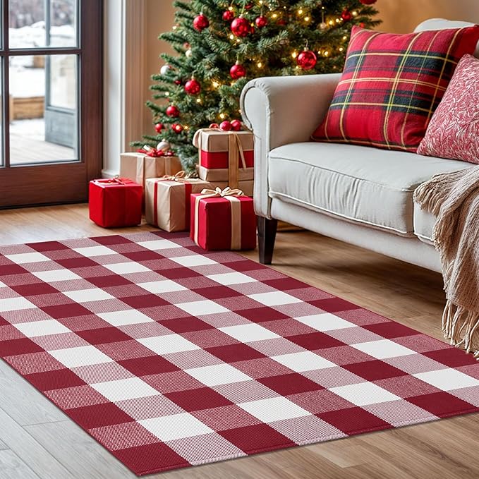 KOZYFLY Buffalo Plaid Rug 3x5 Ft Red and White Checkered Rug Christmas Halloween Fall Door Mat Woven Cotton Washable Area Rugs Door Mat Outdoor Entrance for Front Porch Entryway