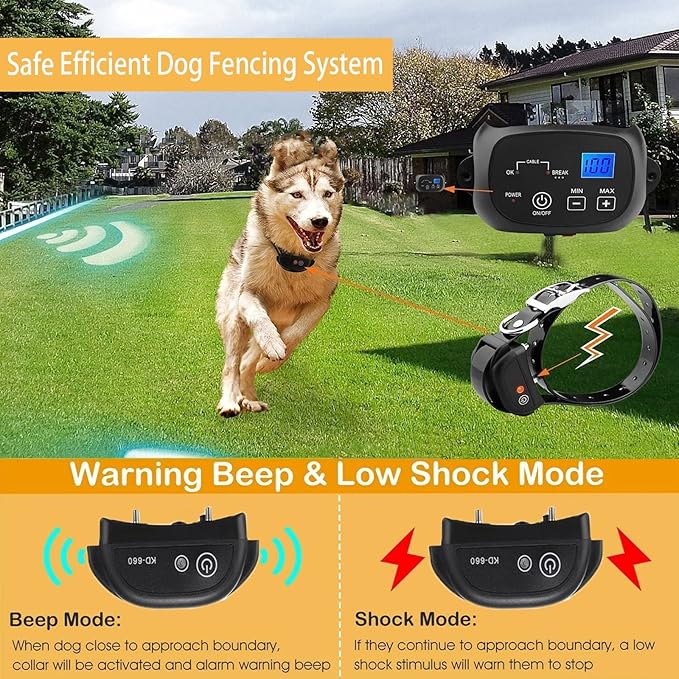 Electric Dog Fence,Aboveground Underground Pet Containment System,Covers up to 3/4 Acre,with Waterproof/Rechargeable Training Collar,Shock/Tone Correction,for 123 Dogs(650 Feet Wire),for3dogs