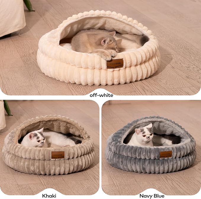 CHEERPALS Cat Cave Bed for Indoor Cats, Washable Covered Cat Bed Hooded Kitty Bed Soft Fluffy Pet Bed for Puppy and Small Dog(Khaki)