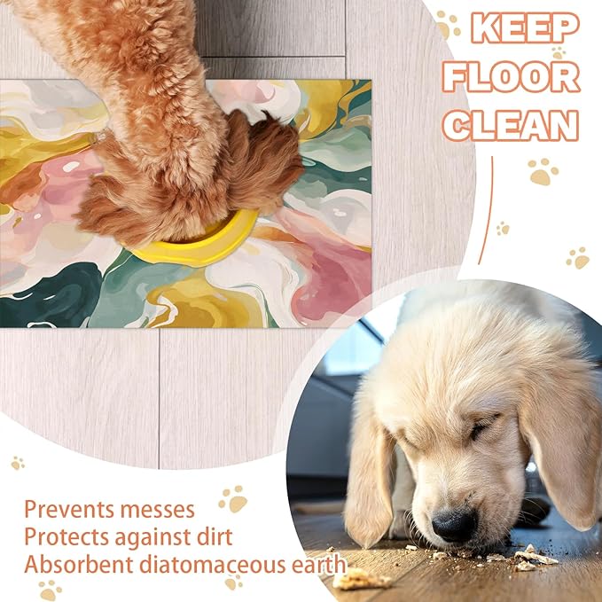Watercolor Marble Dog Food Mat for Floors Absorbent, Quick Dry Water Dispenser Mat for Food, Water, Pet Supplies 12" x 20", Abstract
