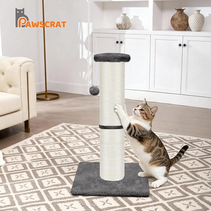 PAWSCRAT Cat Scratching Post 32" Tall, Large Diameter Natural Sisal Cat Scratch Post with Dangling Ball, Scratch-Resistant and Durable Tall Cat Scratcher for Indoor Cats, Protect Your Furniture, Grey