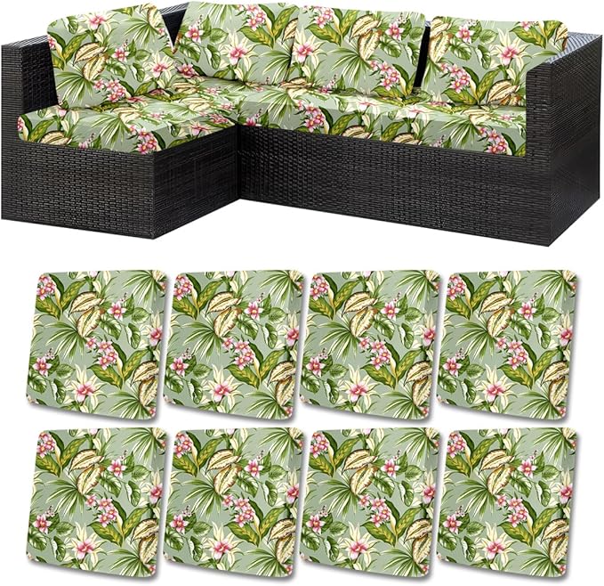 HANDONTIME 8Pcs Outdoor Patio Cushion Covers Green Leaves Pink Floral Stretch Couch Cushion Cover Patio Couch Slipcover for Outdoor Washable Non-Slip Furniture Protector for Pet (Green, Cover Only)