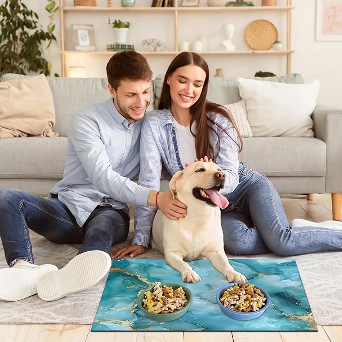 Blue Marble Dog Food Mat for Floors Absorbent, Quick Dry Water Dispenser Mat for Food, Water, Pet Supplies 17" x 30", Abstract