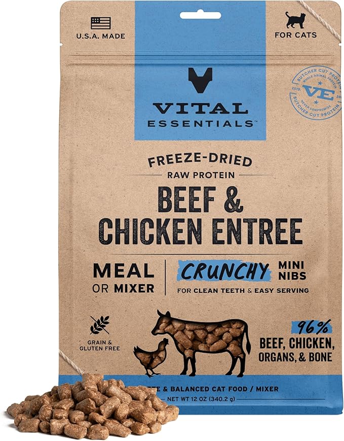 Vital Essentials Freeze Dried Cat Food, Raw Beef & Chicken Crunchy Mini Nibs | Complete Meal or Topper | 96% Beef, Chicken, Organs & Bone | High Protein, Grain Free Dry Cat Food | 12 oz Bag