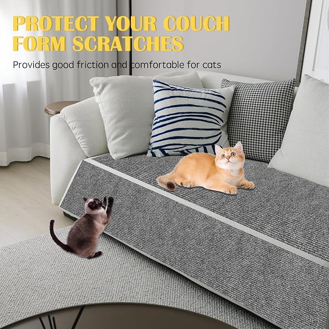 Self-Adhesive Cat Scratch Mat Trimmable Cat Scratching Post Carpet 79in Durable Carpet Mat Pad Replacement for Cat Tree Shelves Post Couch, Furniture, Walls & Doors DIY Cat Climbing Mat (Light Gray)