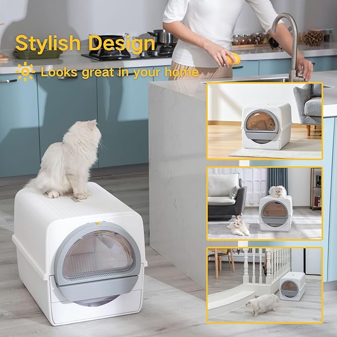 Mechanical Self-Cleaning Cat Litter Box, White/Gray, Anti-Tracking Design with Pull-Push Operation, Detachable Rake, Odor Control, Compatible with Small-Grain Litter,Extra Large