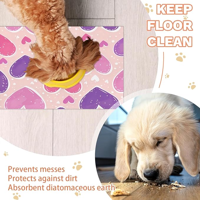 Colorful Heart Dog Food Mat for Floors Absorbent, Quick Dry Water Dispenser Mat for Food, Water, Pet Supplies 16" x 24", Love