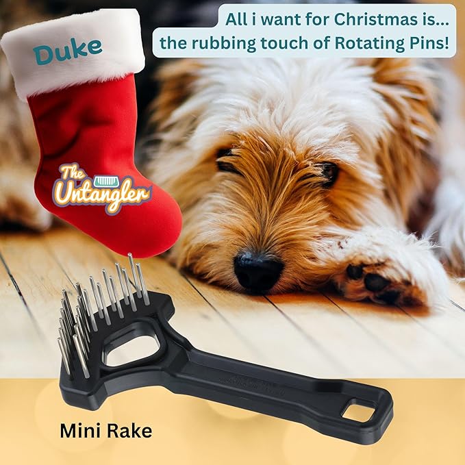 Mini-Rake V-Shape Double Row 1" Rotating Teeth Detangles and Grooms Dogs and Cats