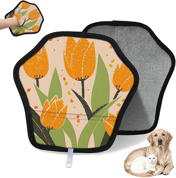 Blossom Tulip Flowers Electrostatic Pet Hair Removal Glove for Cats & Dogs - Reusable Grooming Mitt for Couch, Carpet, Car Seat & Laundry - Large 9x9 Inch