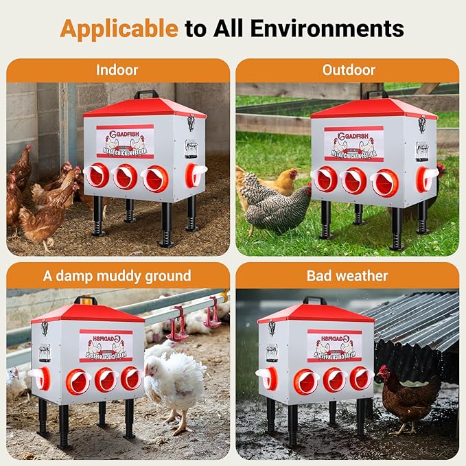 GADFISH 55 lbs–65 lbs Large Capacity Automatic Chicken Feeder - 8 Feeding Ports, No Waste Chicken Feeder, Height-Adjustable Legs & Secure Locking Lid for Chickens, Ducks & Poultry