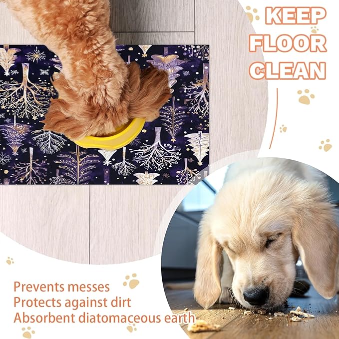 Xmas Trees Dog Food Mat for Floors Absorbent, Quick Dry Water Dispenser Mat for Food, Water, Pet Supplies 16" x 24", Snowflake
