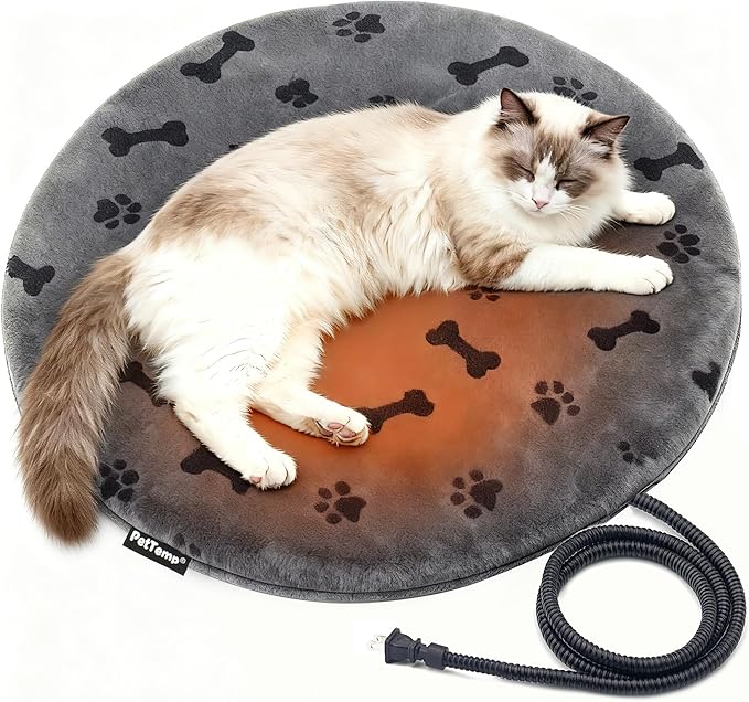 Pet Heating Pad for Cats Dogs Indoor & Sheltered Outdoor Waterproof Heated Cat Bed Heated Dog Bed Chew Resistant Cord Constant Temperature Gray Paw Print Round 16 Inch