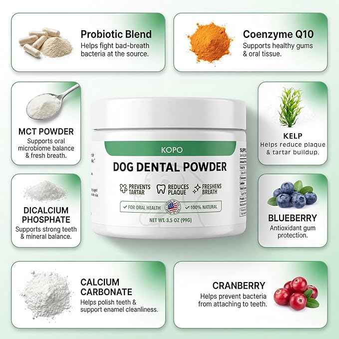 Kopo Dog Dental Powder - an Easy Solution for Extreme Bad Dog Breath with Intentionally Chosen Ingredients with Probiotics and Coenzyme Q10 - Made in USA for All Breed Size - Beef Liver Flavor
