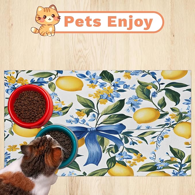 Lemon Fruit Dog Food Mat for Floors Absorbent Dog Bowl Mat for Food and Water Dispenser Quick Dry Cat Food Placemat Pet Supplies 17" x 30", Bows Flower