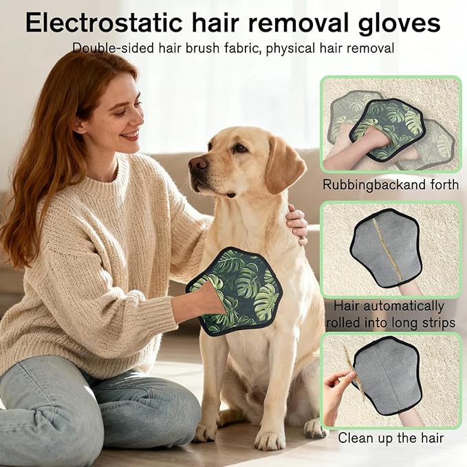 Tropical Leaf Print Electrostatic Pet Hair Removal Glove for Cats & Dogs - Reusable Grooming Mitt for Couch, Carpet, Car Seat & Laundry - Large 9x9 Inch