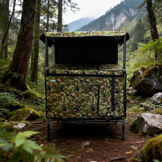 Outdoor Cat House, Weatherproof with Canopy Double-Decker Feral Outside Cat Shelter, Roof Deck & Elevated Stand - Camo Insulated Kitty House for Winter Rain & Wind for 2 Cats (No Heating Pad)