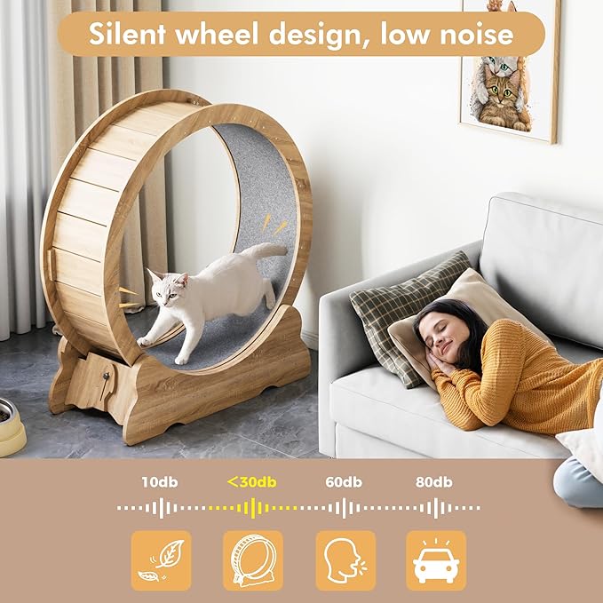 38'' Indoor Cat Exercise Wheel, Cat Running Wheel with Smooth and Quiet Roller, Detachable Carpet and Toy Teaser for Fun Fitness Training Treadmill,Natural Wood