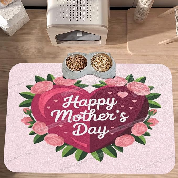 Absorbent Dog Water Cat Mat for Food Water Bowl Quick Dry Happy Mother's Day Floral Gift for Mom Gf Pet Feeding Mats No Stains Dog Food Mat Pet Accessories Supplies Cat Bowl Mats 24x16In