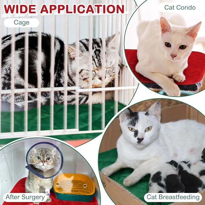 2 Pack Self Heating Cat Mat Self Warming Pet Pads Washable Kennel Mat Dog Crate Pad Reflects Body Heat Non Skid Cat Thermal Pads for Puppy Indoor Outdoor (Red, Green,16 x 20 Inches)