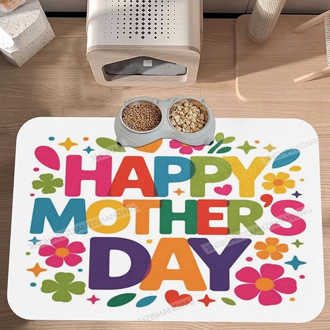Pet Cat Dog Food Mat Absorbent Dog Feeding Mat Happy Mother's Day Floral Gift Mom Colorful Ei No Stains Cat Food Mats Indoor Pet Dogs Placemat Water Bowl Mats with Rubber Backing 24x16In
