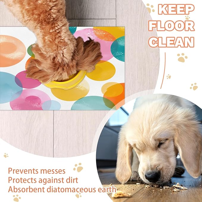 Polka Dots Dog Food Mat for Floors Absorbent Dog Bowl Mat for Food and Water Dispenser Quick Dry Cat Food Placemat Pet Supplies 12" x 20", Colorful Rainbow